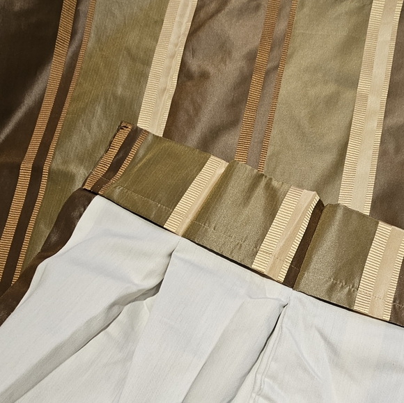 Two custom panels green taupe cream striped tafetta pleated lined drapes 56x95" - Picture 6 of 9